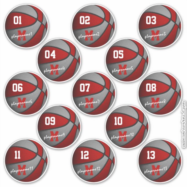 Basketball-Basketball in Rot-Grau - Namen Aufkleber (Vorderseite)