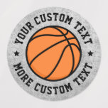 Basketball-benutzerdefinierte Textmarkierungen Etiketten<br><div class="desc">Rundaufkleber mit einem Basketball in der Mitte,  in dem Ihr individueller Text umhüllt ist.</div>
