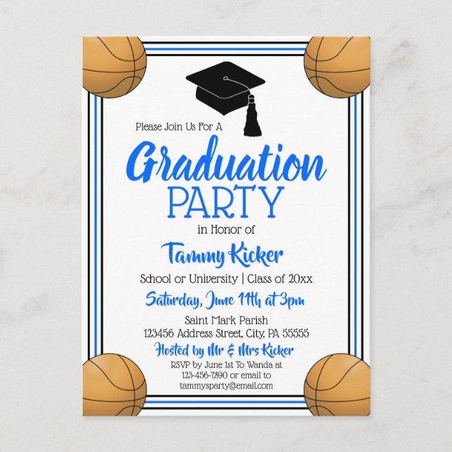 Basketball Blue & Black Graduation Party Einladungspostkarte (Vorderseite)