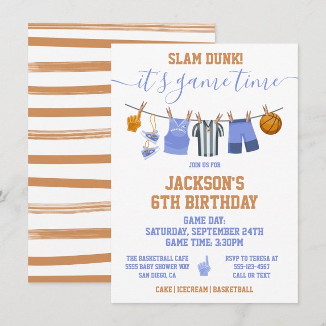 Basketball Clothesline Geburtstagsparty Einladung (Vorne/Hinten)