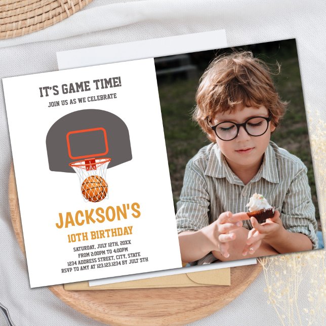 Basketball Einladung Basketball Basketball Foto (Basket Orange Ball Basketball Invitations w photo)