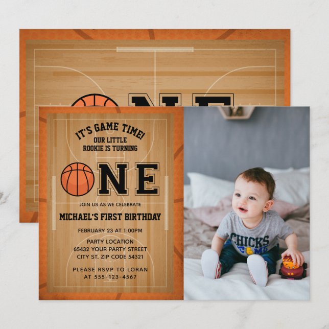 Basketball Erster Geburtstag Foto Einladung (Vorne/Hinten)