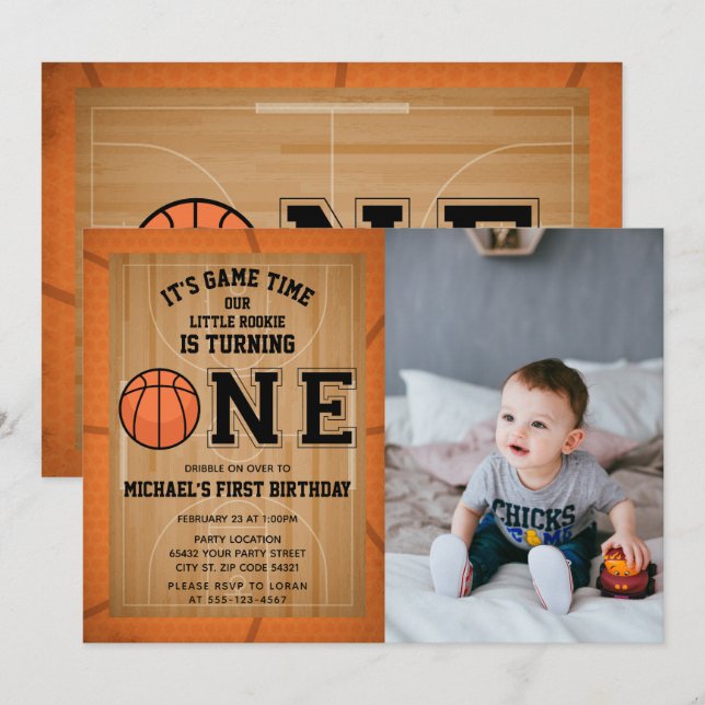Basketball Erster Geburtstag Foto Einladung (Vorne/Hinten)