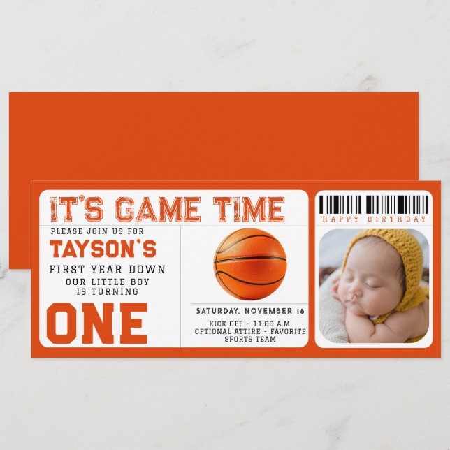 Basketball Erstes Jahr ab 1. Geburtstag Ticket Einladung (Vorne/Hinten)