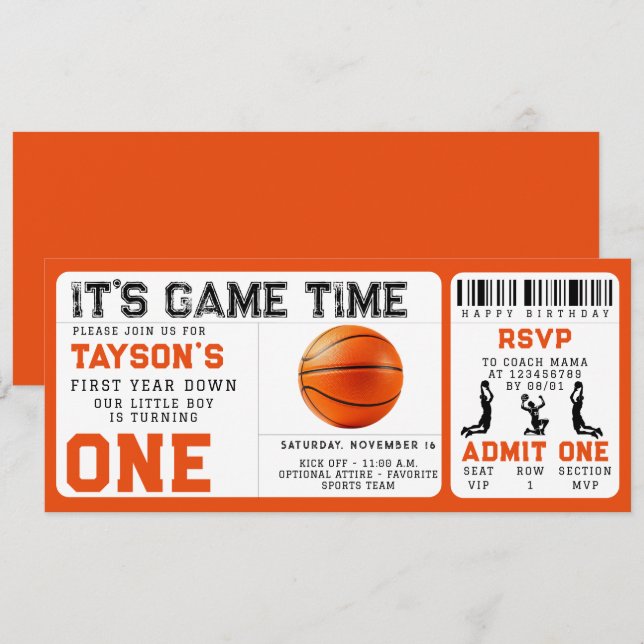 Basketball Erstes Jahr ab 1. Geburtstag Ticket Einladung (Vorne/Hinten)