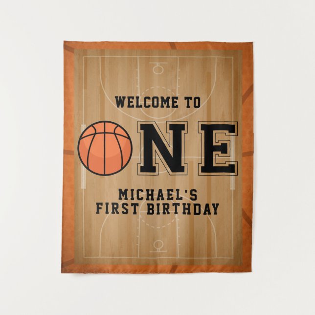 Basketball Erstgeburtstag Hintergrund Wandteppich (Vorderseite)