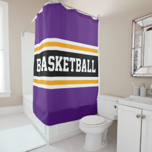 BASKETBALL Fun Black Royal Lila Gelb Streifen Duschvorhang