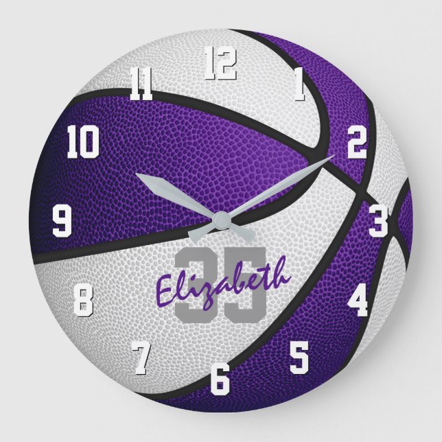 Basketball für lila Weibchen personalisiert Große Wanduhr (Vorderseite)
