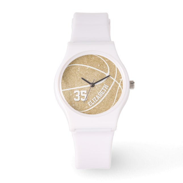 Basketball für sportliche Goldmädchen personalisie Armbanduhr (Vorderseite)