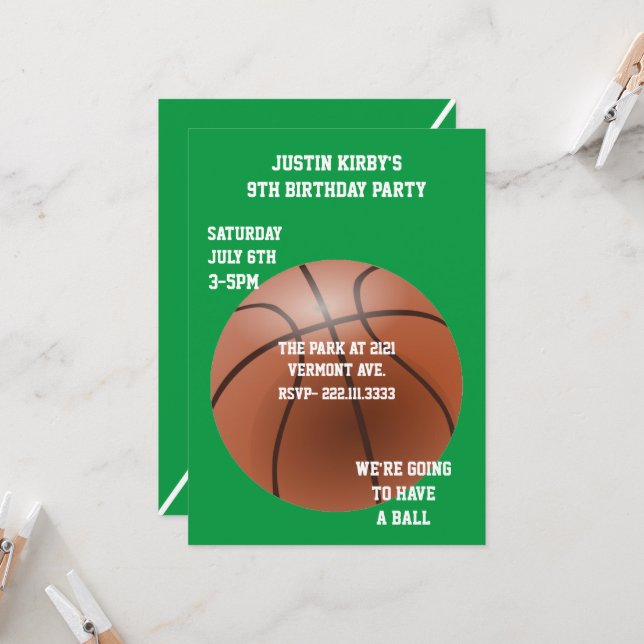 Basketball Geburtstagsparty Einladung (Vorderseite/Rückseite Beispiel)