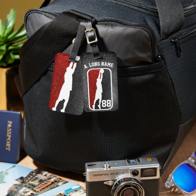 Basketball Glitzer Basketball-Player in Rot und Sc Gepäckanhänger (Vorderseite & Rückseite)