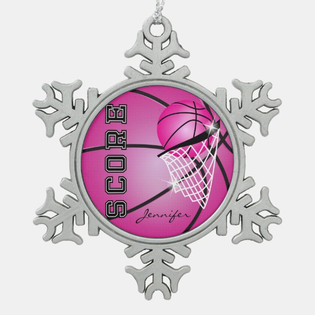 Basketball | Heiß rosa | Personalisieren Schneeflocken Zinn-Ornament (Vorderseite)