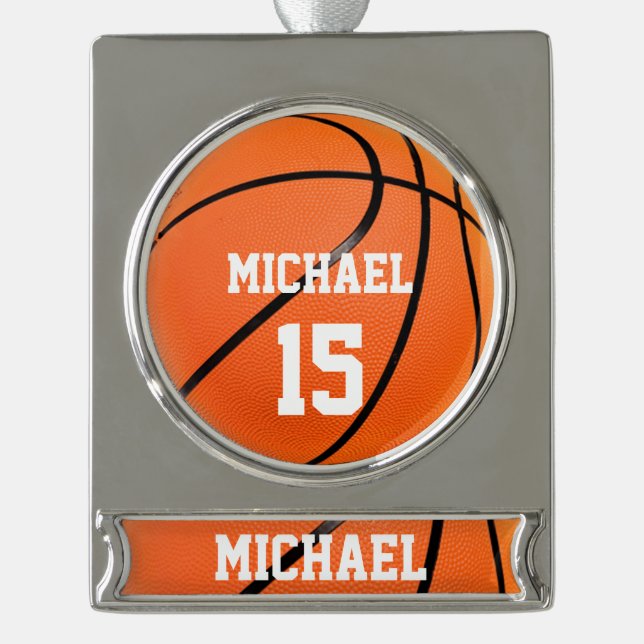 Basketball Ihr Name Banner-Ornament Silber (Vorderseite)