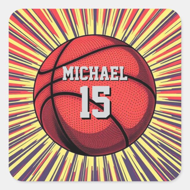 Basketball Ihr Name Pop Kunst Quadratischer Aufkleber (Vorderseite)