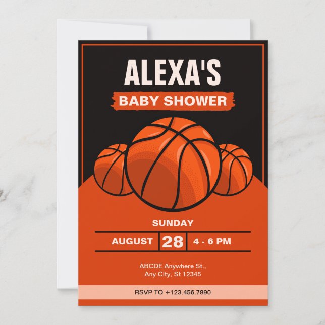 Basketball-Ikonen, schwarz-orange-Babydusche Einladung (Vorderseite)
