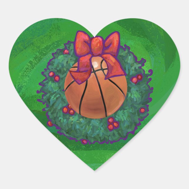 Basketball im Weihnachtskranz Herz-Aufkleber (Vorderseite)