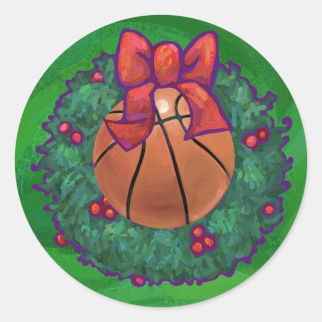 Basketball im Weihnachtskranz Runder Aufkleber (Vorderseite)