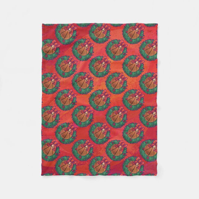 Basketball in Holly Wreath Pattern auf Rot Fleecedecke (Vorderseite)