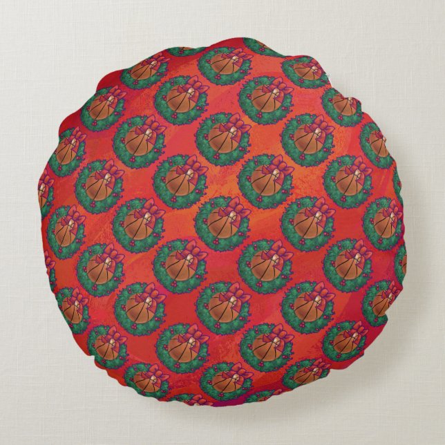 Basketball in Holly Wreath Pattern auf Rot Rundes Kissen (Rückseite)