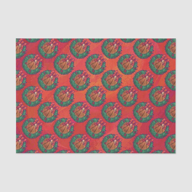 Basketball in Holly Wreath Pattern auf Rot Seidenpapier (Vorderseite)
