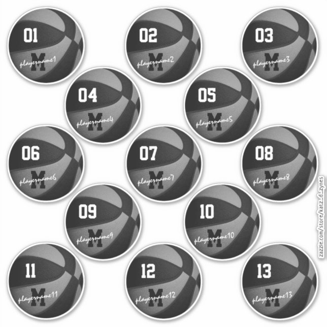 Basketball in schwarz, grau, 13 Namen Aufkleber (Vorderseite)