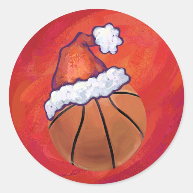 Basketball in Weihnachtsmannmütze Runder Aufkleber (Vorderseite)