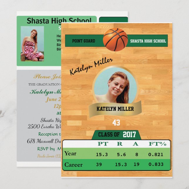 Basketball-Karte W/ Stats Grad Einladungen - grün (Vorne/Hinten)