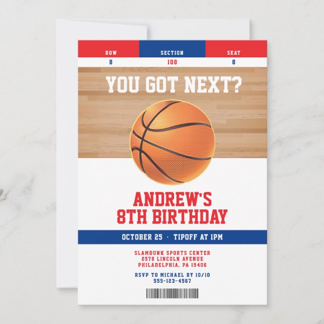 Basketball Kids Birthday Party Ticket Invitation (Devant)