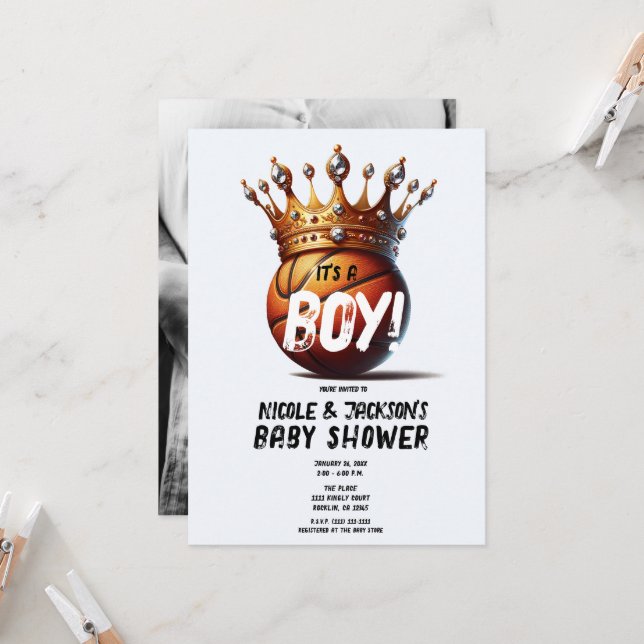 Basketball King Gold Crown Foto Babydusche Einladung (Vorderseite/Rückseite Beispiel)