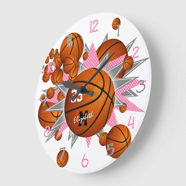 Basketball mit rosa grauen Sternen Einrichtung des Große Wanduhr (Winkel)