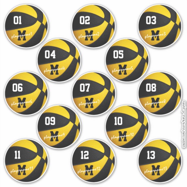 Basketball mit schwarzem Gold - 13 Spielernamen Aufkleber (Vorderseite)