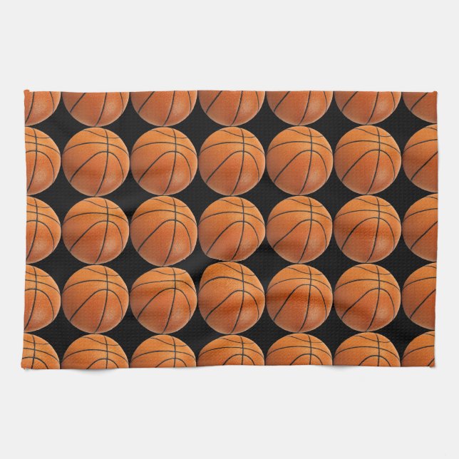Basketball-Muster auf schwarzem Geschirrtuch (Horizontal)