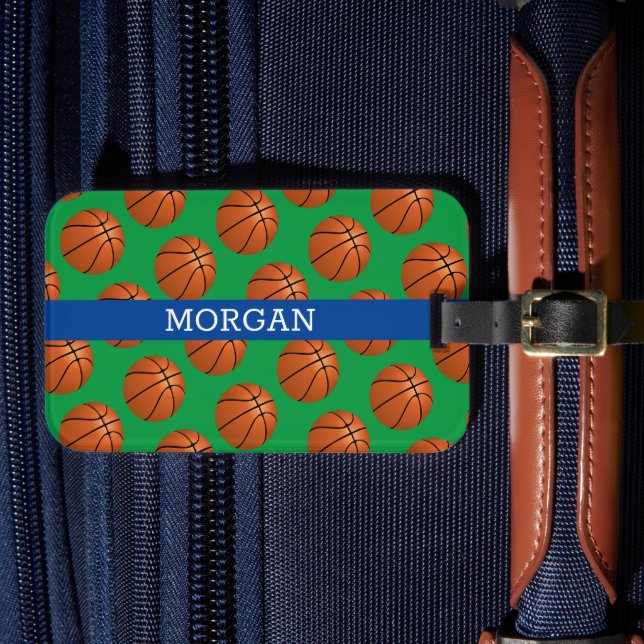 Basketball-Muster, weißer Name, Blau und Grün Gepäckanhänger (Vorderseite Insitu 4)