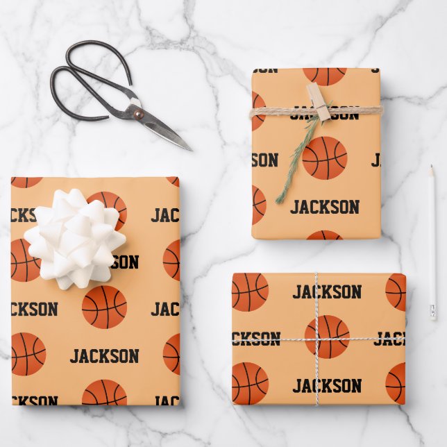 Basketball Namensmuster Kids Orange Geschenkpapier Set (Vorderseite)