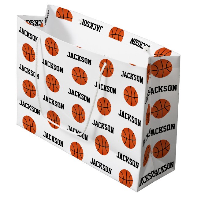 Basketball Namensmuster Kinder weiß Große Geschenktüte (Vorderseite Schrägansicht)