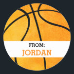 Basketball Personalisiert vom sportlichen Party Runder Aufkleber<br><div class="desc">Basketball Personalisiert von sportlich angehauenen Party Sticker. Basketball-Sticker zum Thema Sport an Gooody-Taschen Ihrer sportlichen Geburtstagsparty anbringen. Personalisiert mit dem Geburtsnamen des Kindes in orangefarbenem Schriftart. Rundaufkleber ist eine Aquarellorange mit Vintagem Look und schwarzen Linien. Text liest "von". Geschenksticker zum Thema Sport.</div>