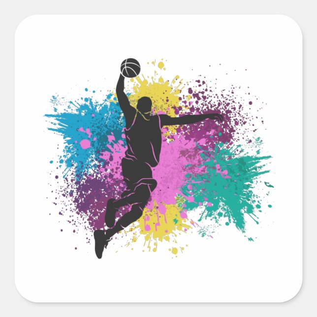 Basketball-Player grungy Color Splashes Quadratischer Aufkleber (Vorderseite)