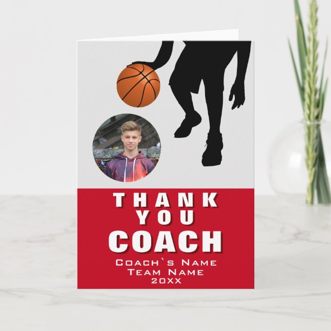 Basketball Player Silhouette Foto Coach Red Dankeskarte (Vorderseite)