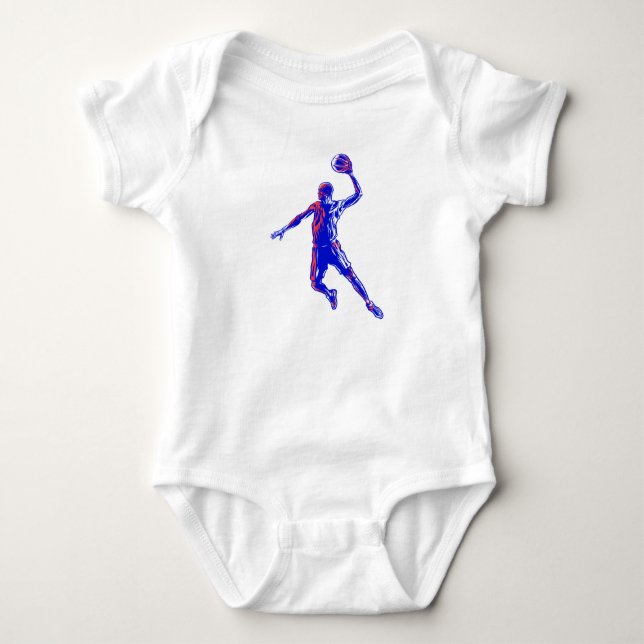 Basketball Player Slam Dunk, Rot und Blau Design Baby Strampler (Vorderseite)