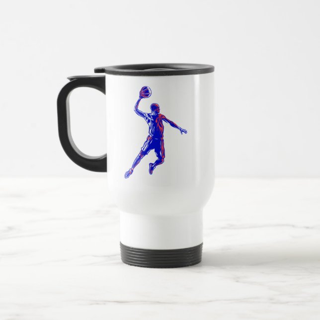 Basketball Player Slam Dunk, Rot und Blau Design Reisebecher (Links)