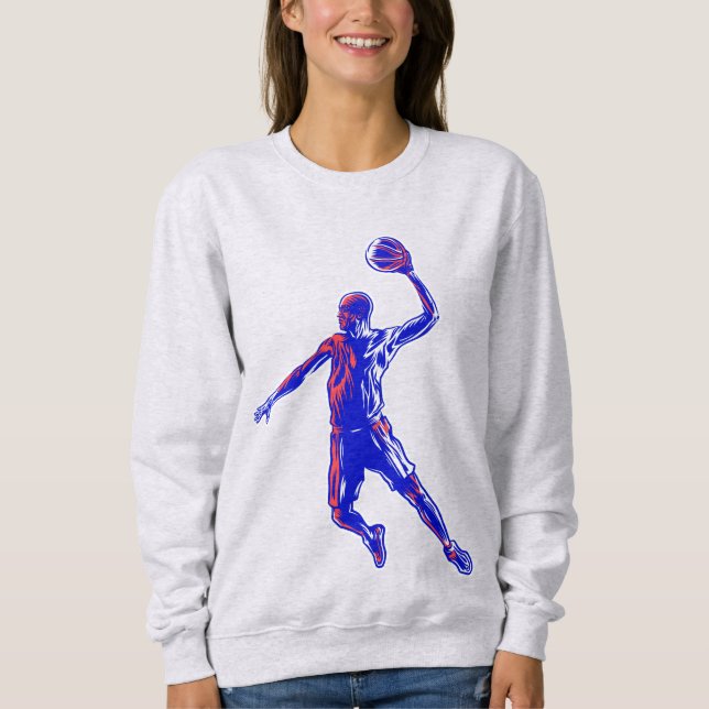 Basketball Player Slam Dunk, Rot und Blau Design Sweatshirt (Vorderseite)