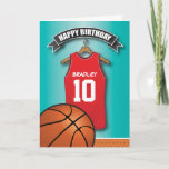 Basketball Red Jersey Sports Custom Birthday Karte<br><div class="desc">Personalized kids basketball birthday greeting cards with a blue faded background and a red & black basketball jersey which you can personalise with the childs name and age and a basketball at the bottom. This sports birthday card will impress the birthday kid be your son/daughter, nephew/niece, grandson/grandhter or friend, literally...</div>