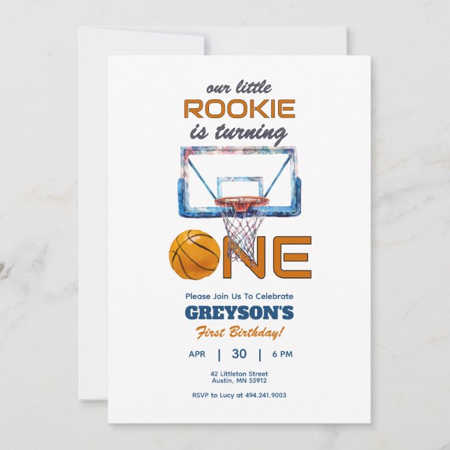 Basketball Rookie 1. Geburtstag Einladung (Vorderseite)
