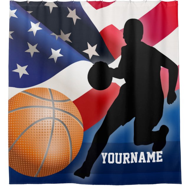 Basketball-Spieler-Silhouette mit amerikanischer Duschvorhang (Vorderseite)