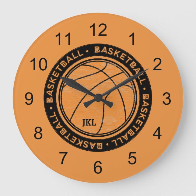 Basketball Sport Monogram Wall Clock Große Wanduhr (Vorderseite)