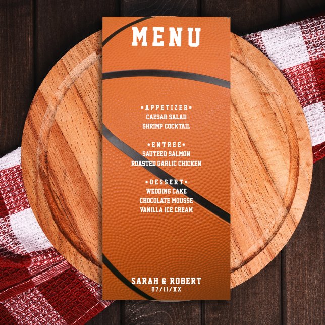 Basketball Sport Orange Hochzeitsempfang Menükarte (Basketball Sport Orange Wedding Reception Menu)