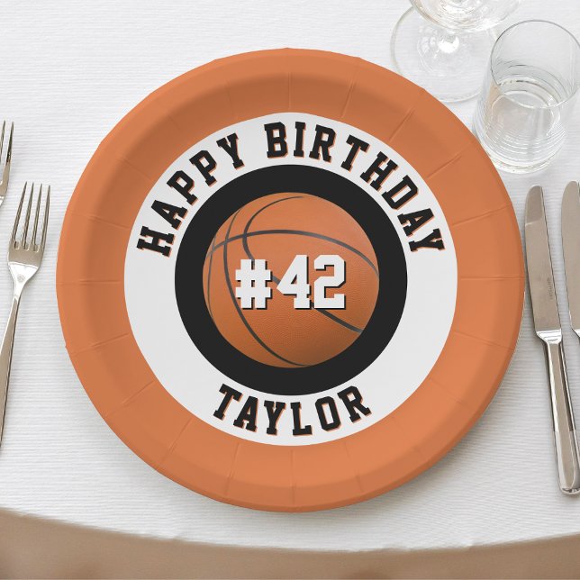 Basketball Sport Team Spielername Glückwunsch zum  Pappteller (orange black & white sports basketball happy birthday paper plates)