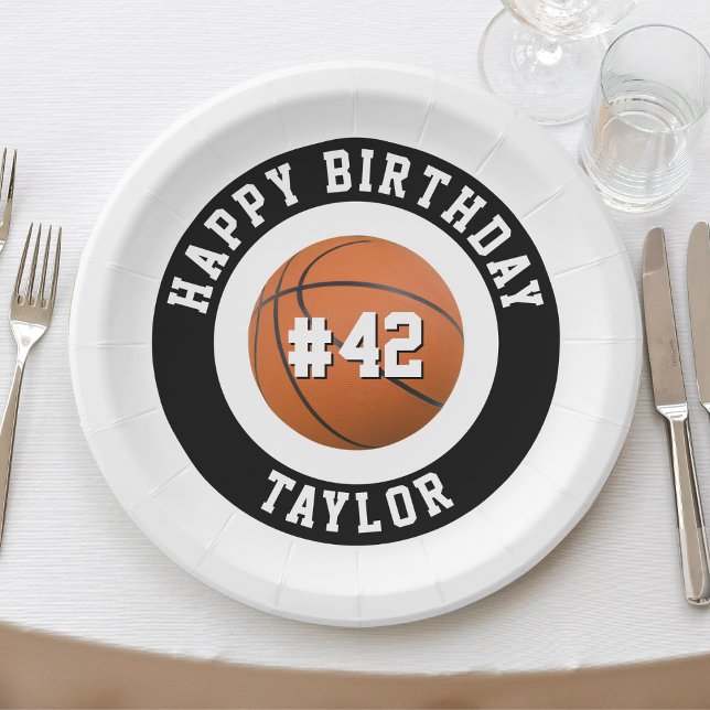 Basketball Sport Team Spielername Glückwunsch zum  Pappteller (orange black & white sports basketball happy birthday paper plates)