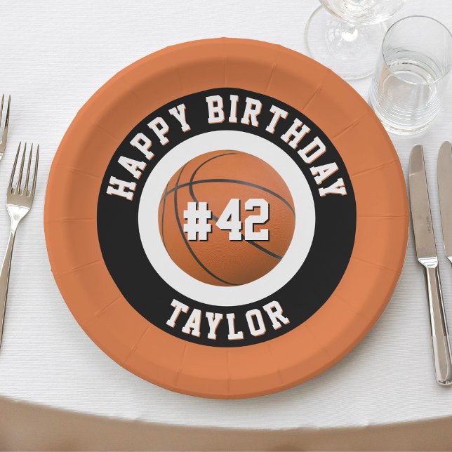Basketball Sport Team Spielername Glückwunsch zum  Pappteller (orange black & white sports basketball happy birthday paper plates)