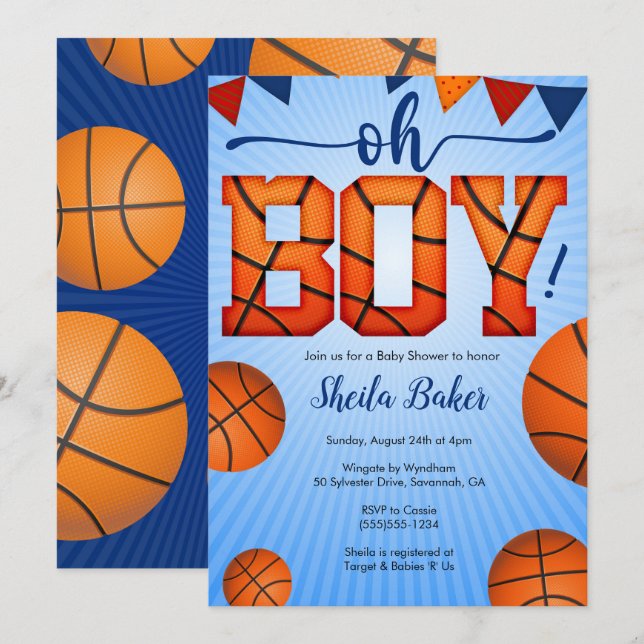 Basketball Sports Baby Shower Einladung - Oh Junge (Vorne/Hinten)